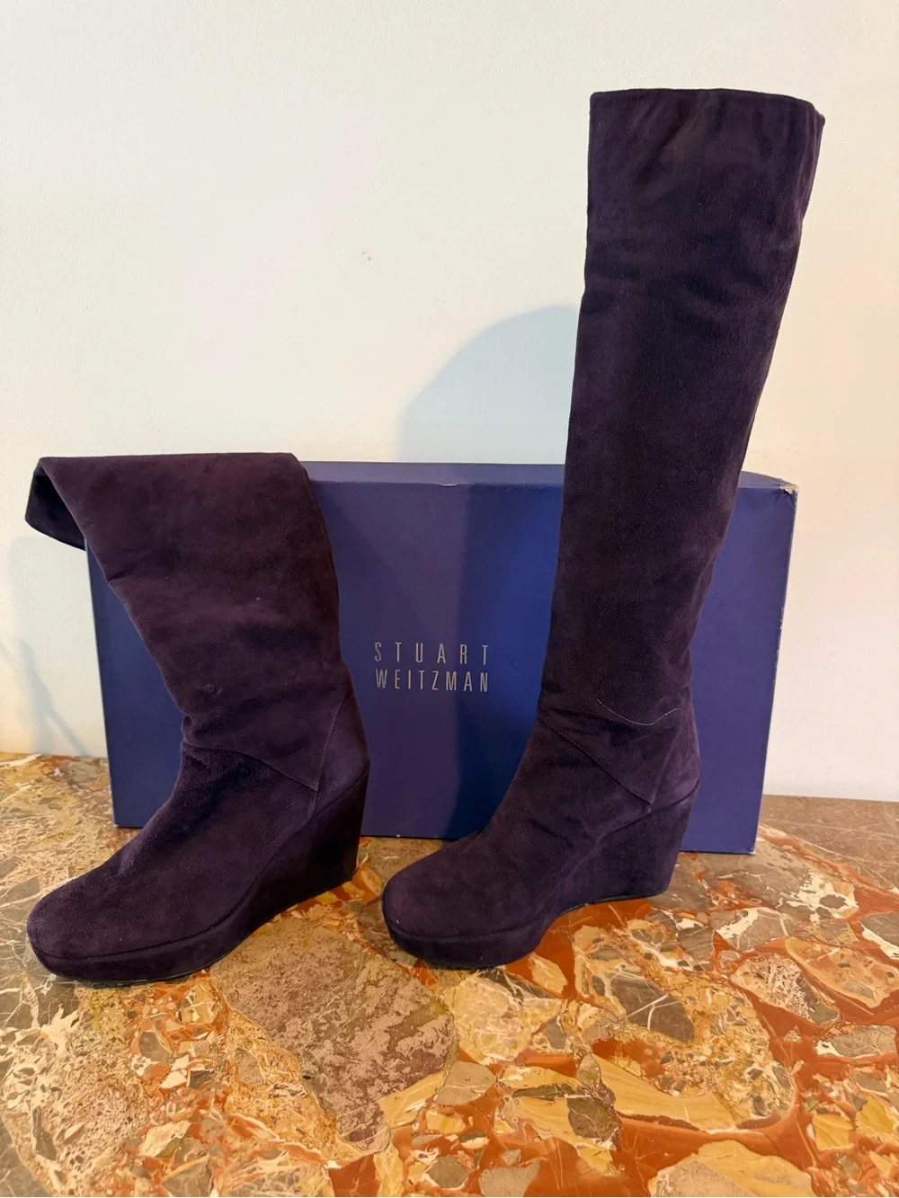 Stuart Weitzman Purple Suede Knee-High Wedge Boots